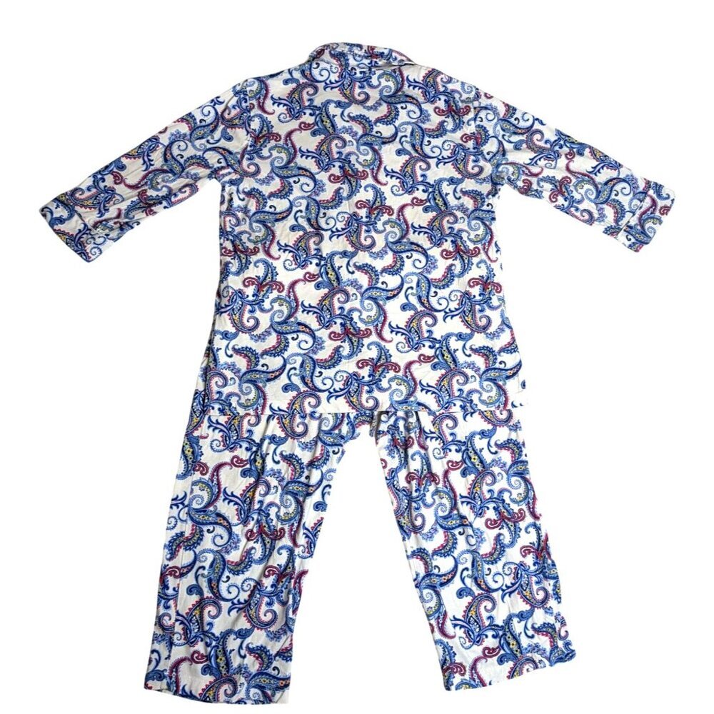 Lauren Ralph Lauren Womens Paisley Pajama Set M Blue & White Cotton Lounge Wear - Picture 2 of 10